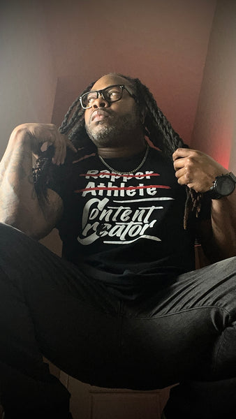 Black creator, wearing a Rapper, Athlete Content, Creator Shirt ￼